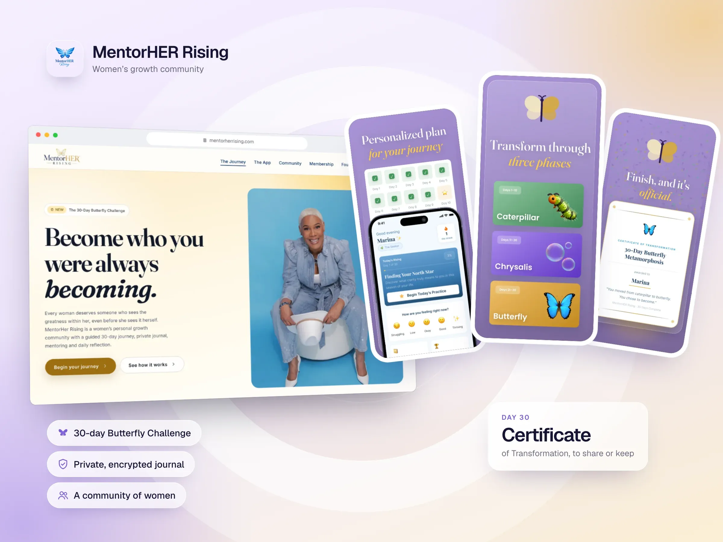 MentorHER Rising - Women's Growth Community App: device mockup